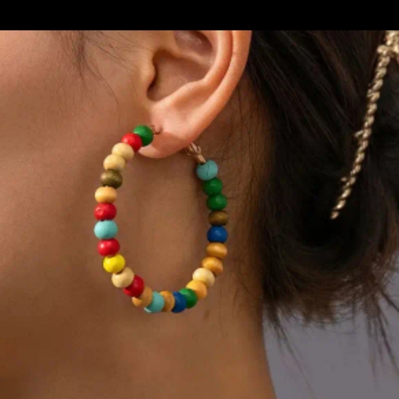 Beaded Boho Wood Tribal Hoop Earrings - Picture 2 of 4